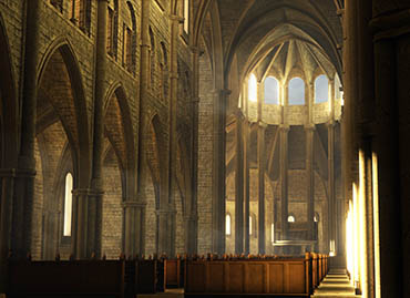 Reconstitution 3D d’une abbaye presque entièrement détruite.